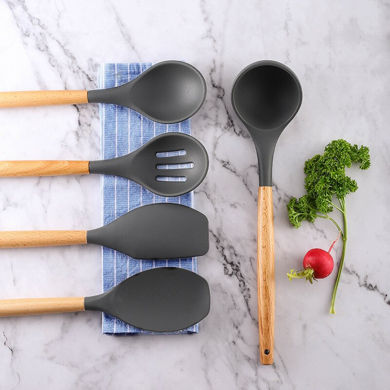 Hometod™ 9pc Silicone Wood Kitchen Utensils