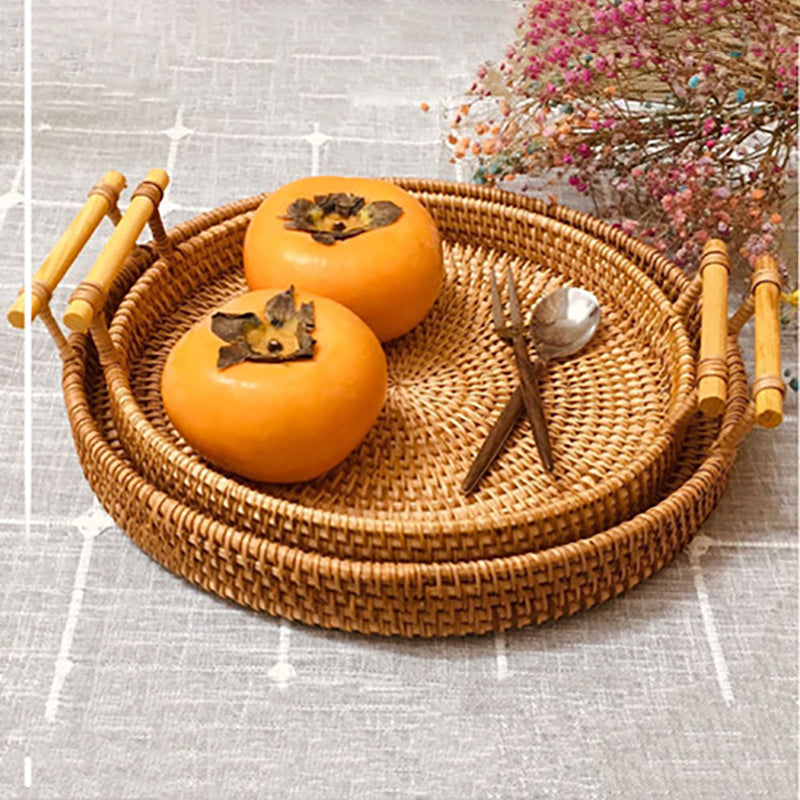 HomeTod™ Rattan Storage Trays With Wooden Handle