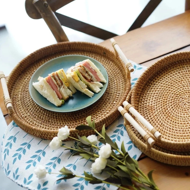 HomeTod™ Rattan Storage Trays With Wooden Handle